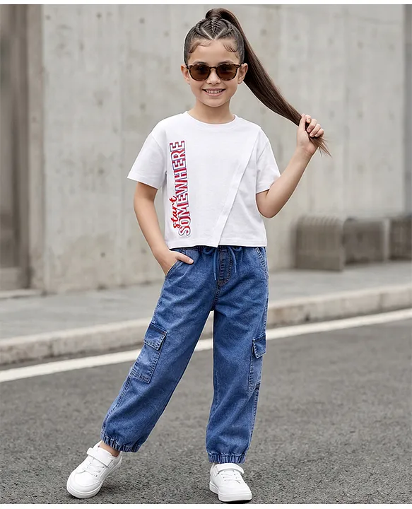 Cotton Knit Half Sleeves Top With Text Print & Denim Culottes Set - White & Indigo